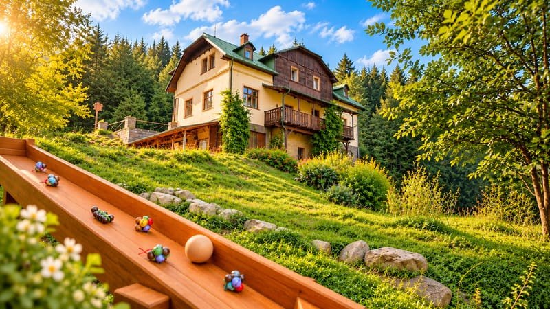 Dřevěná kuličkodráha s barevnými kuličkami na svahu pod penzionem HamrákOFF