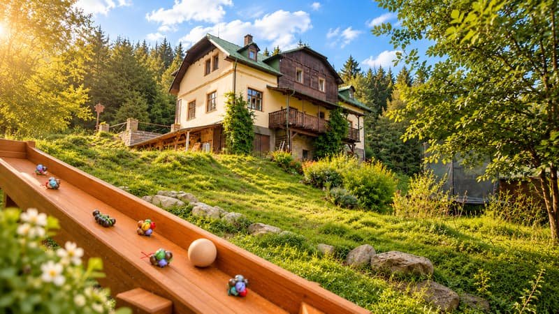 Penzion HamrákOFF na kopci nad zahradou, v popředí dřevěná kuličkodráha s barevnými kuličkami