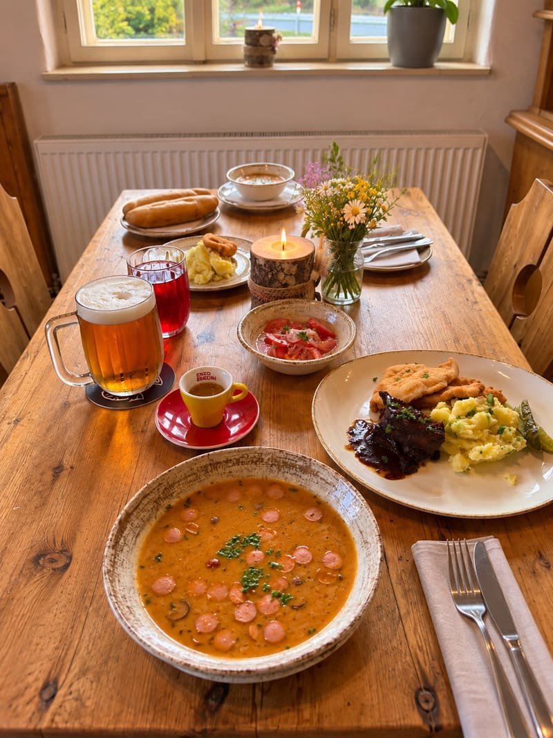 Polévka, hlavní jídlo s bramborovou kaší a točené pivo na dřevěném stole restaurace HamrákOFF